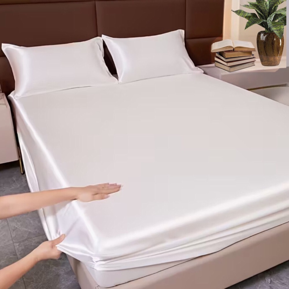 3pc Luxurious Satin Sheet Bedding Set - Metallic Eggshell White
